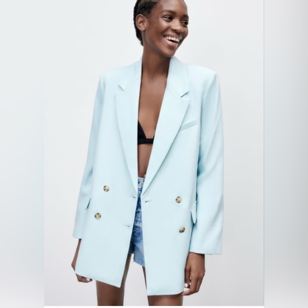 Zara flowy Women's Sky Blue Double-Breasted Blazer size small NWT
